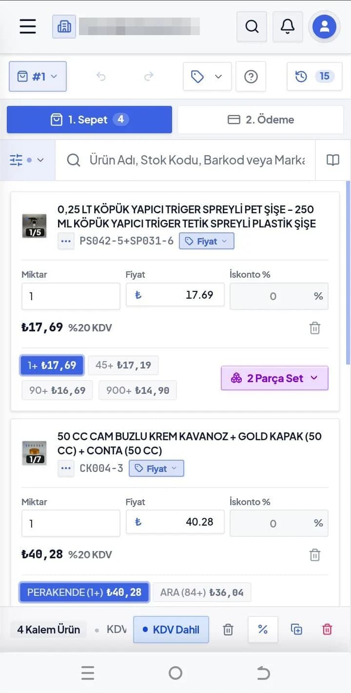 Plasiyo telefon ekranı: hızlı satış sepeti