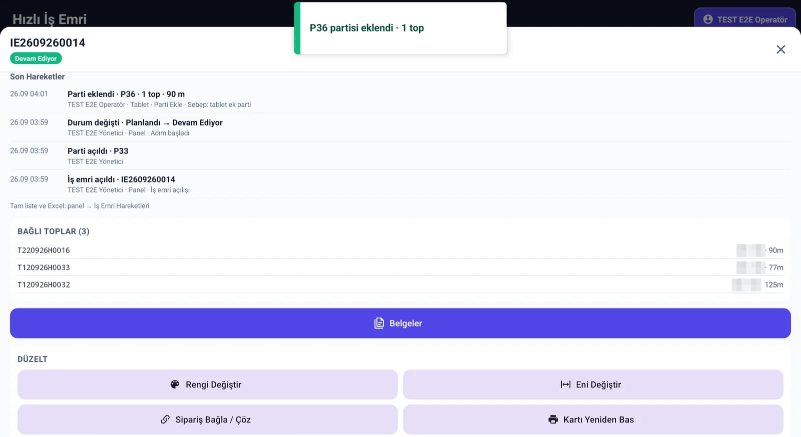 TeksERP saha uygulaması: tablette iş emri (test verisi)