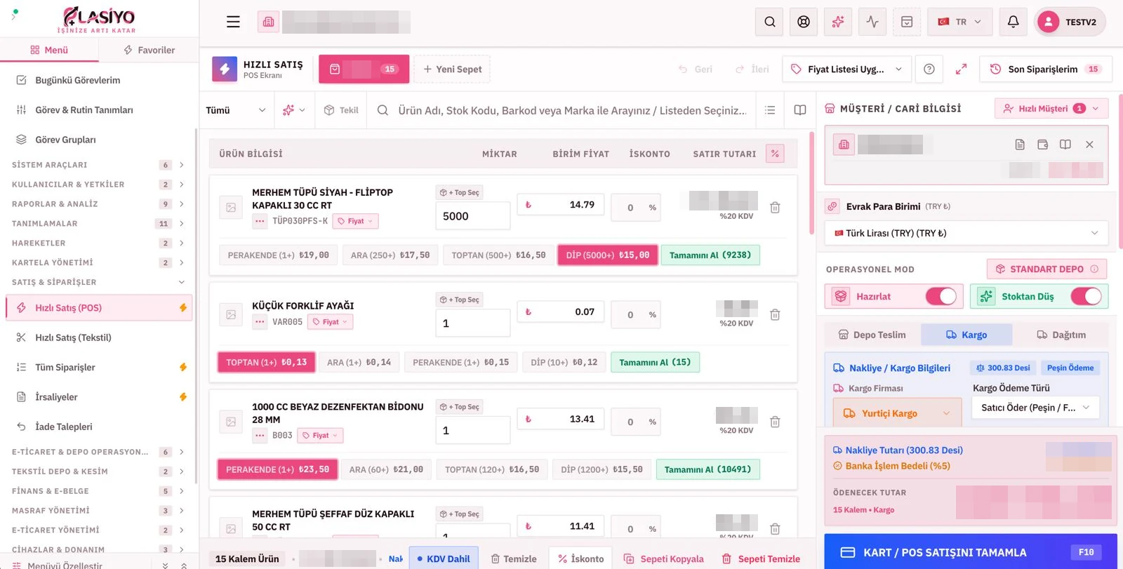 Plasiyo hızlı satış (POS) ekranı: sepet, kademeli fiyatlar ve kargo bilgileri