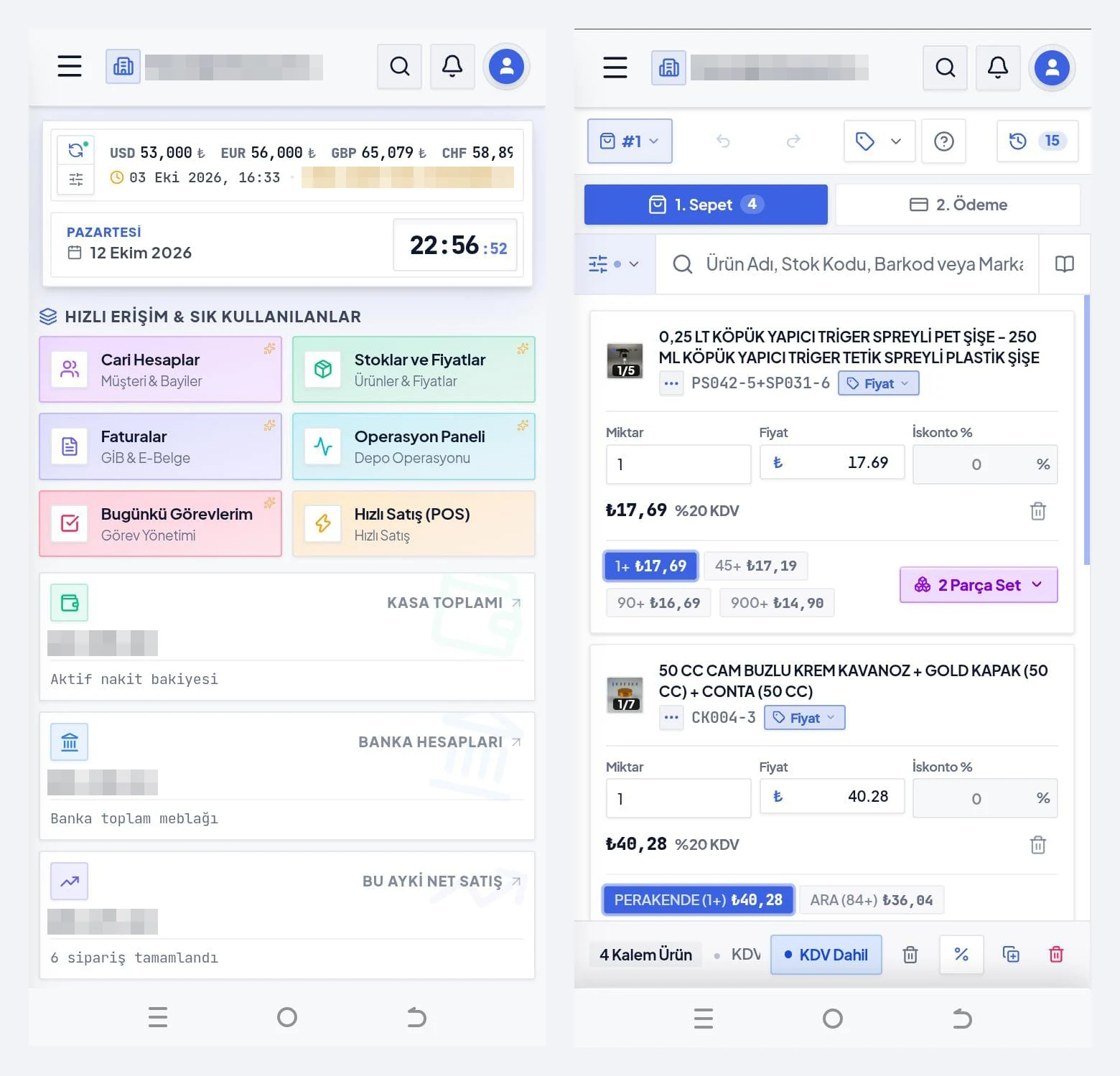 Plasiyo telefon ekranı: Komuta Merkezi ve hızlı satış sepeti