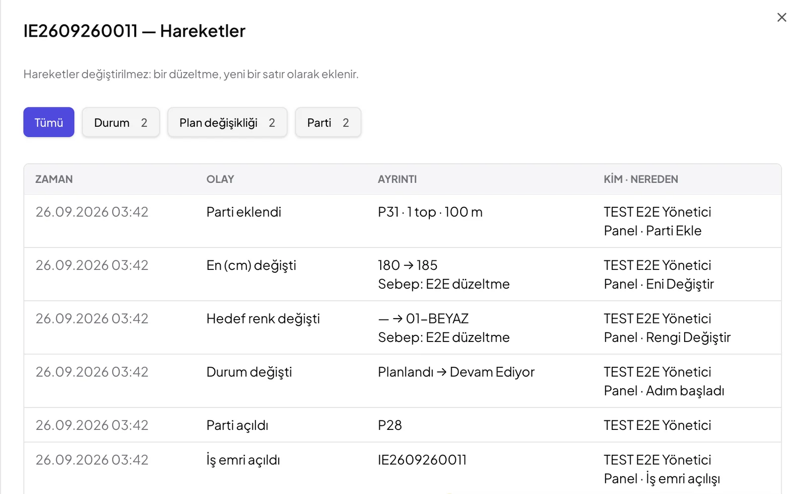 TeksERP yönetim paneli: bir iş emrinin hareket geçmişi, zaman, olay, ayrıntı ve kim-nereden sütunlarıyla, test verisiyle