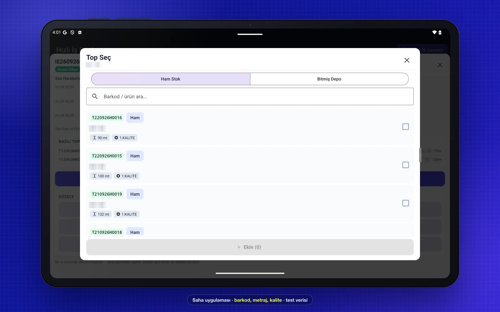 TeksERP saha uygulaması, tablette Top Seç listesi: her topun barkodu, metrajı ve kalite bilgisi, test verisiyle